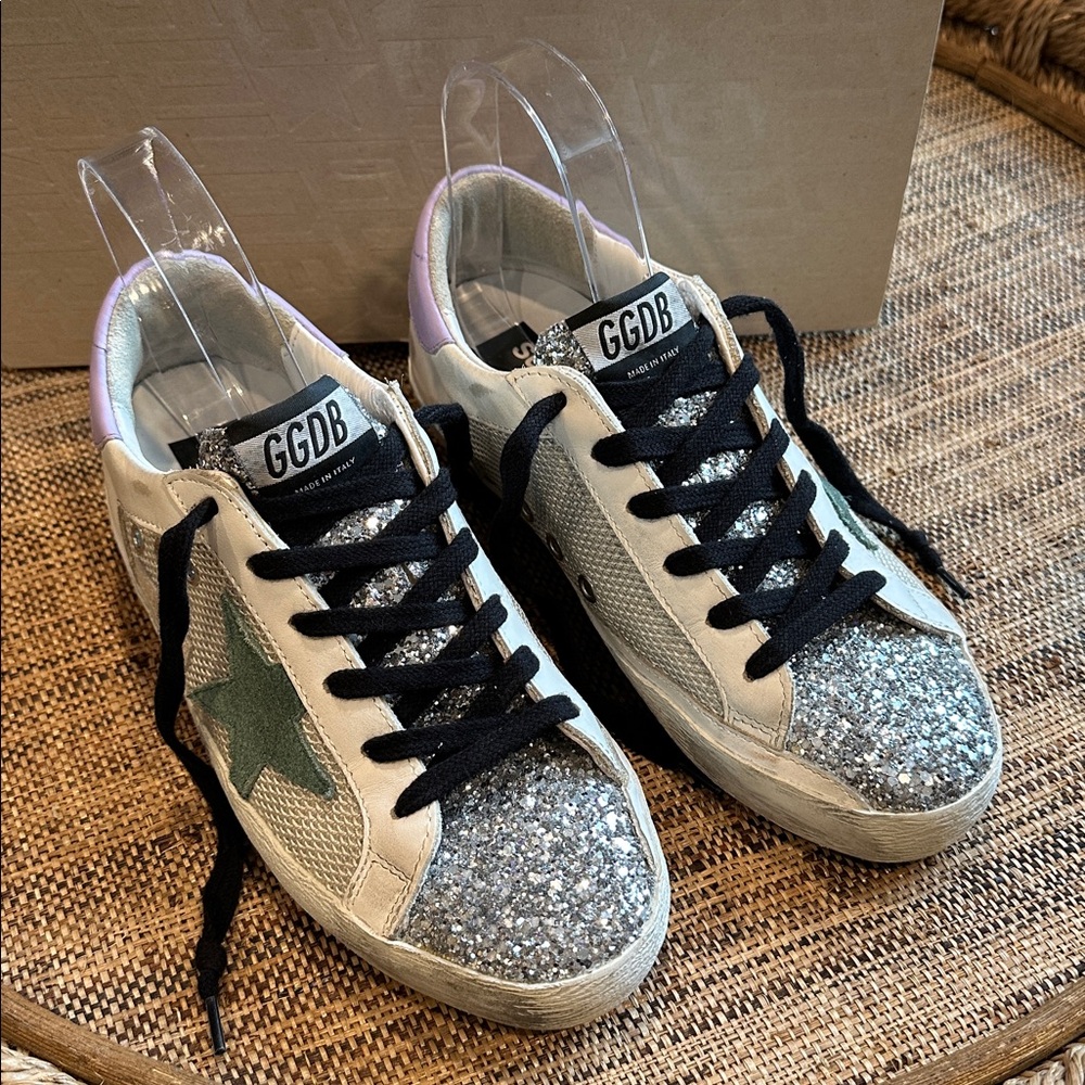 GOLDEN GOOSE Superstar Glitter Sneakers White/Silver/Purple/Jade 37/7 NEW IN BOX